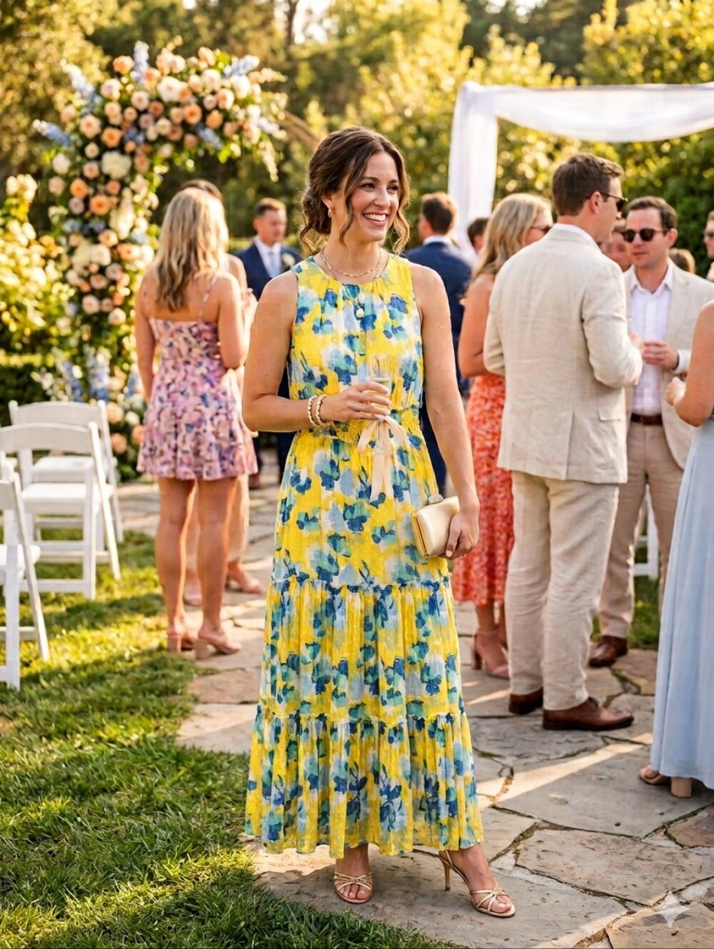 Draper James Yellow Floral Pleated Maxi Dress with Blue & Green Accents